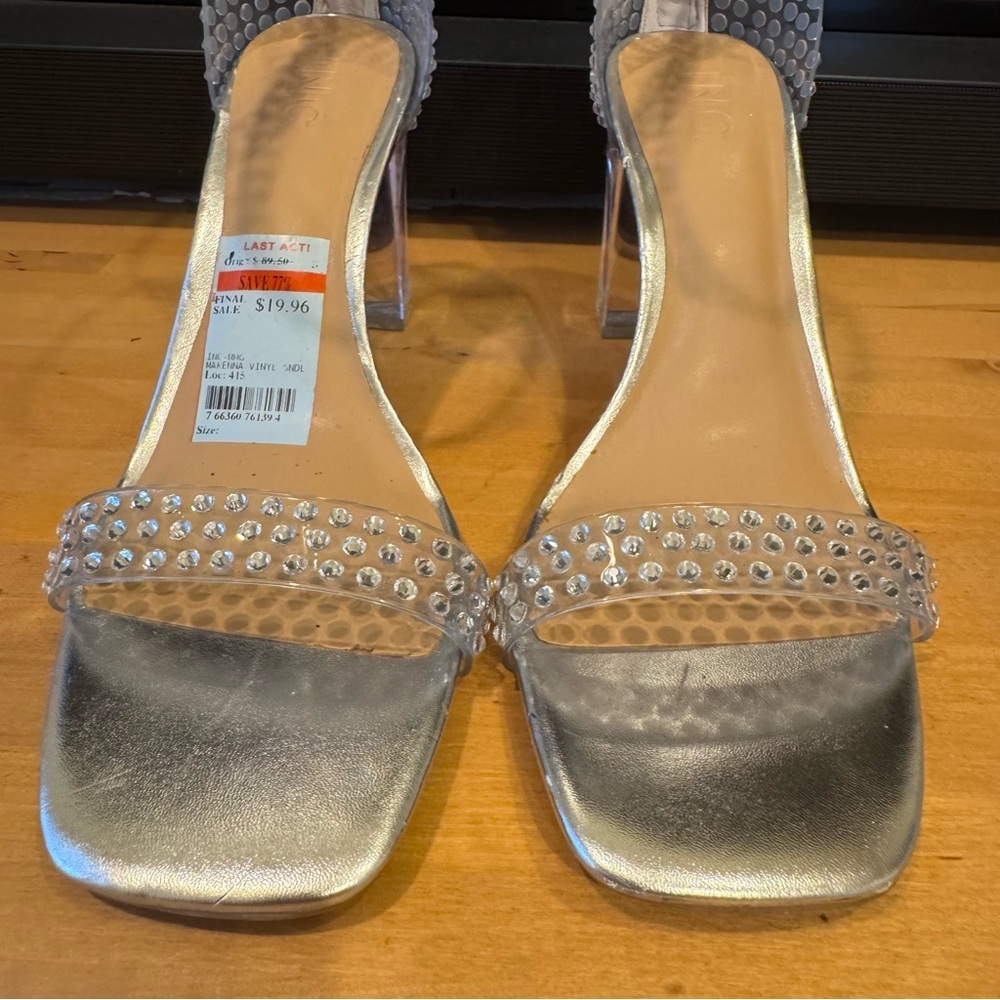 π 6/$60 New INC Clear Transparent Rhinestones Ankle Strap Size 10 Square 4β Heel - Picture 5 of 9